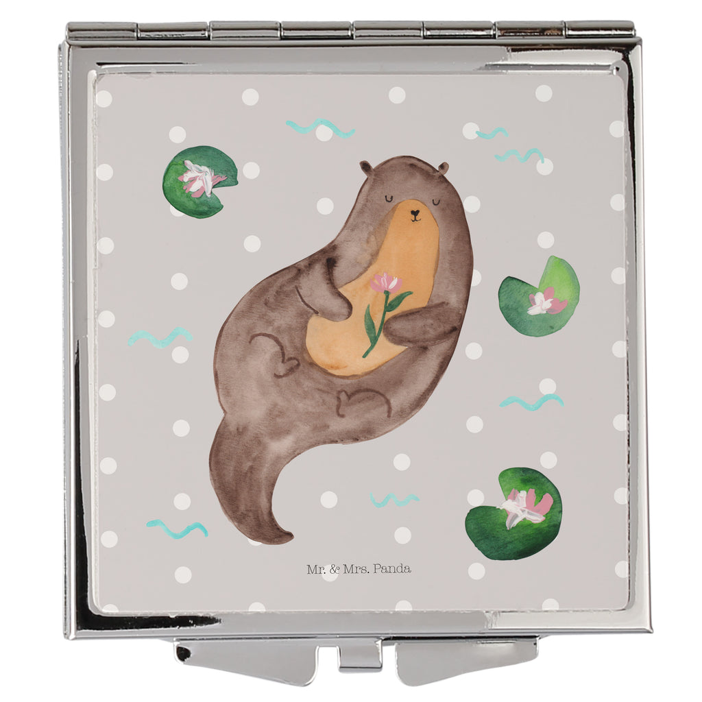 Handtaschenspiegel quadratisch Otter mit Seerose Spiegel, Handtasche, Quadrat, silber, schminken, Schminkspiegel, Otter, Fischotter, Seeotter, Otter Seeotter See Otter