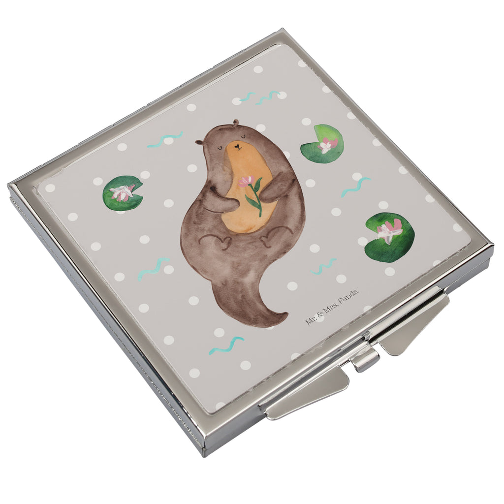 Handtaschenspiegel quadratisch Otter mit Seerose Spiegel, Handtasche, Quadrat, silber, schminken, Schminkspiegel, Otter, Fischotter, Seeotter, Otter Seeotter See Otter