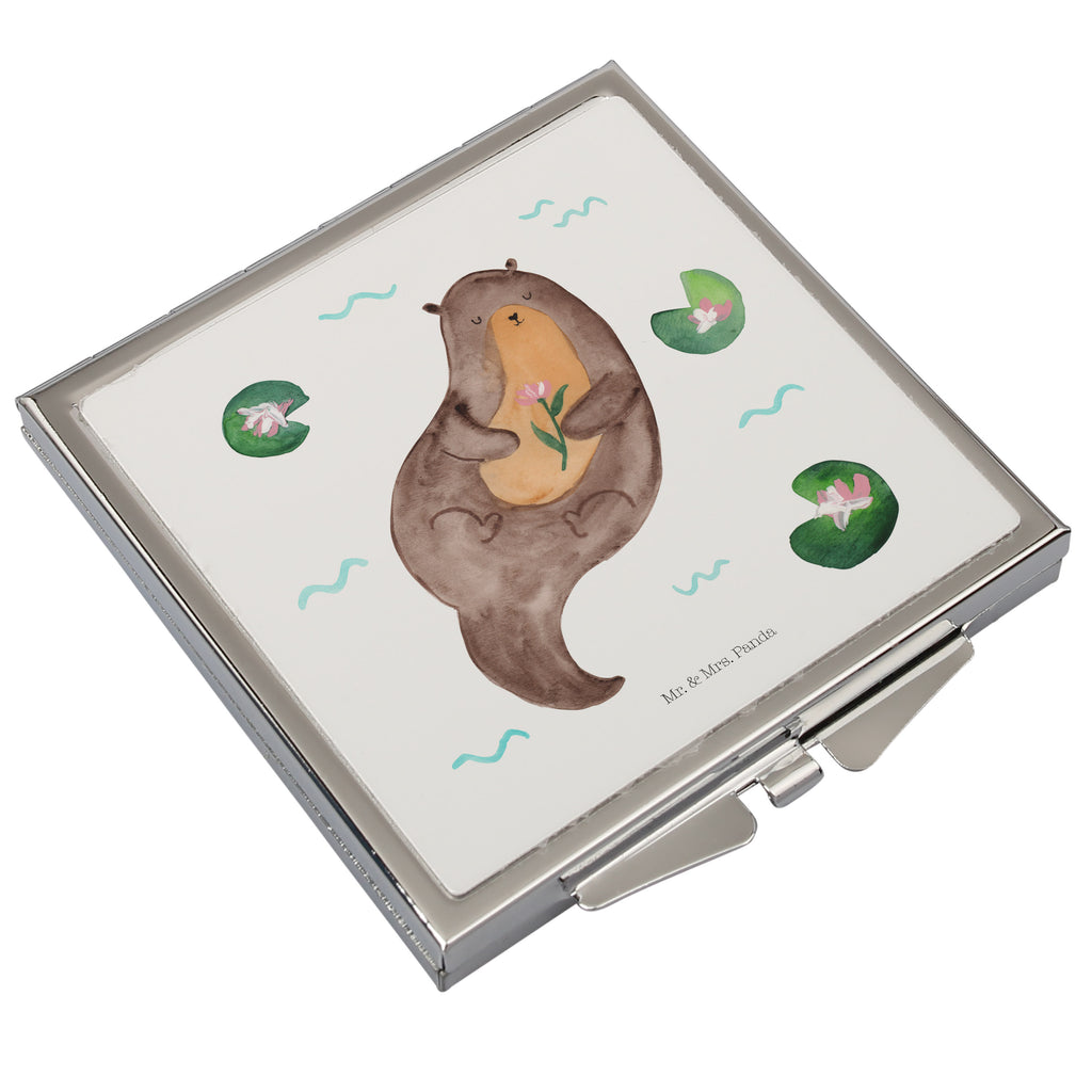 Handtaschenspiegel quadratisch Otter mit Seerose Spiegel, Handtasche, Quadrat, silber, schminken, Schminkspiegel, Otter, Fischotter, Seeotter, Otter Seeotter See Otter