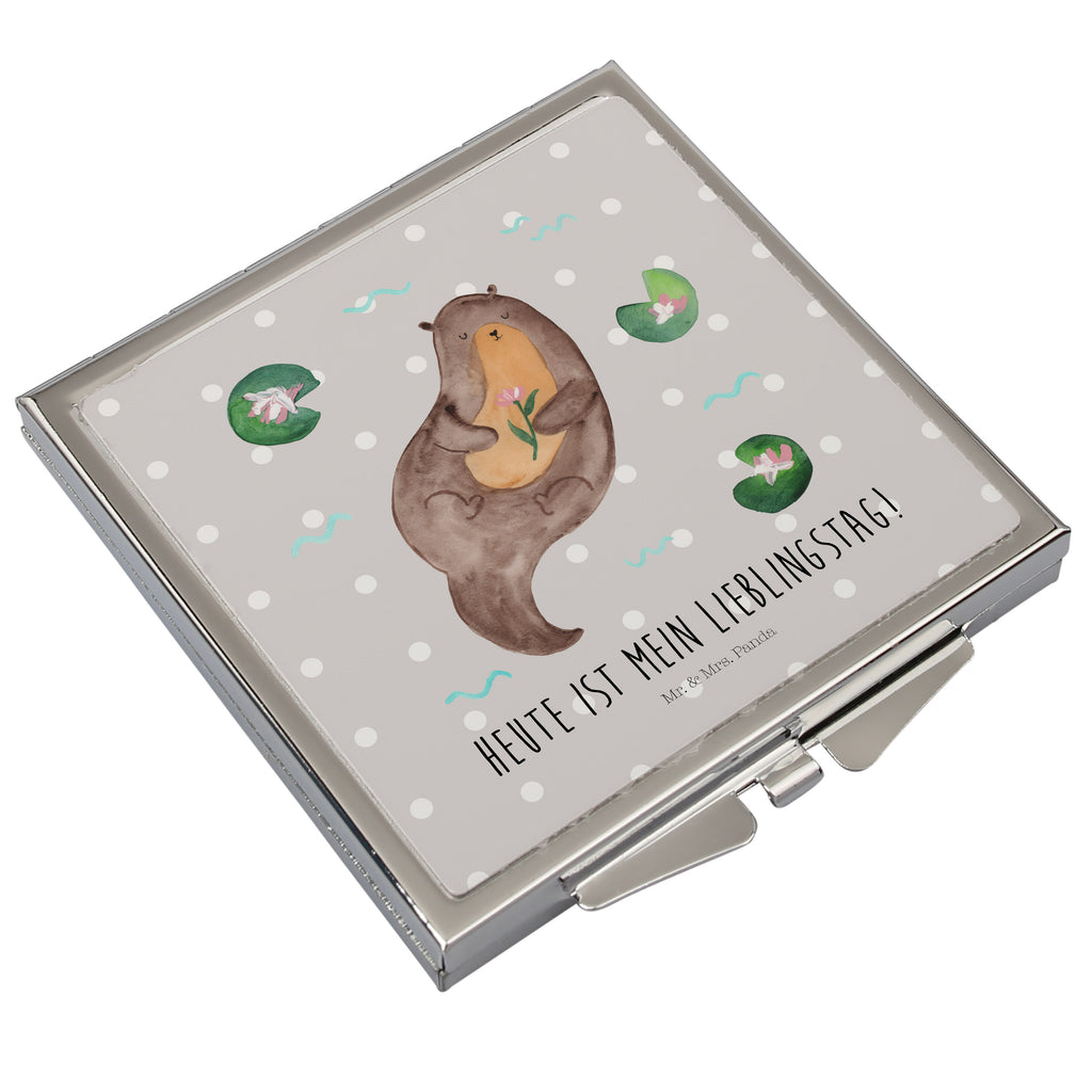 Handtaschenspiegel quadratisch Otter mit Seerose Spiegel, Handtasche, Quadrat, silber, schminken, Schminkspiegel, Otter, Fischotter, Seeotter, Otter Seeotter See Otter
