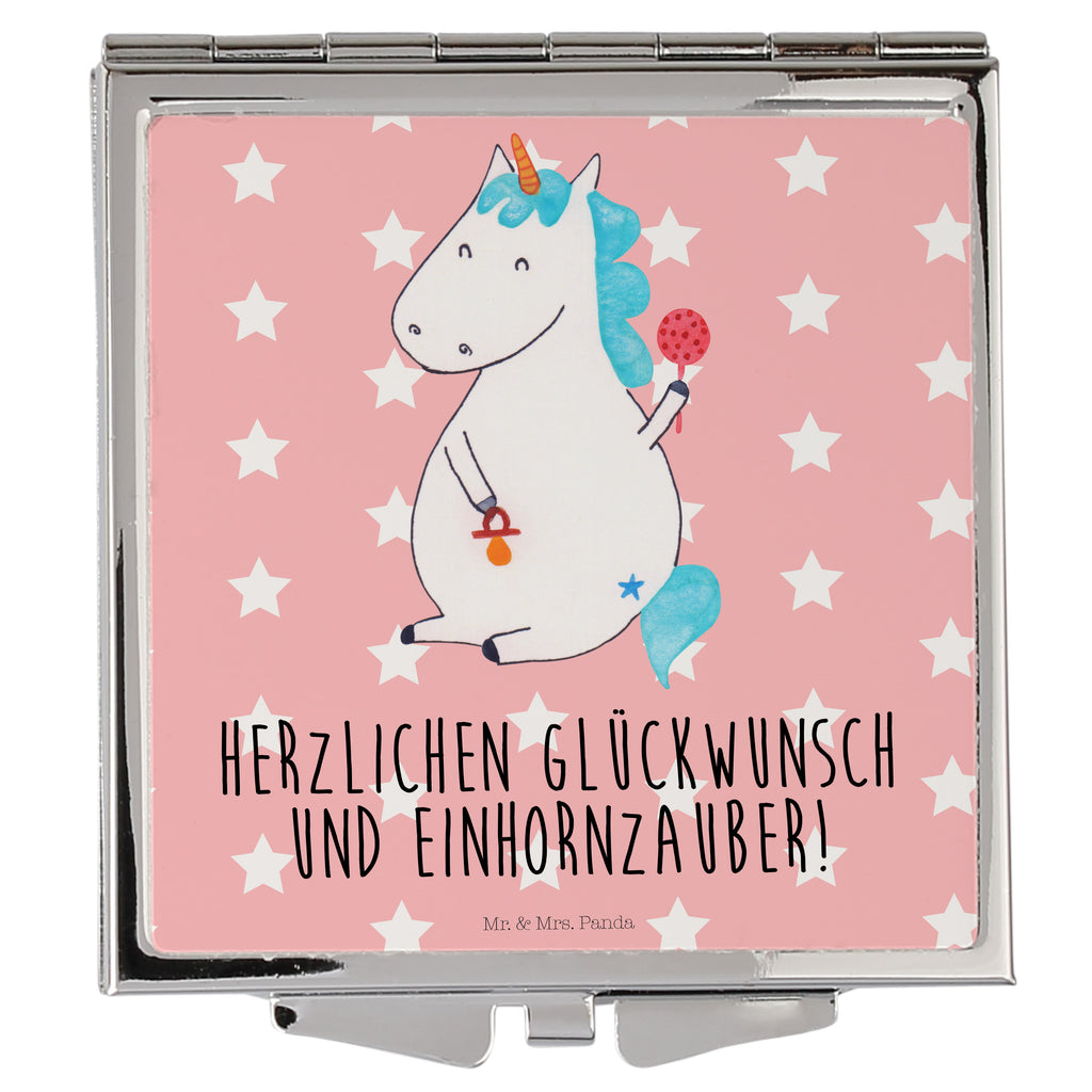 Handtaschenspiegel quadratisch Einhorn Baby Spiegel, Handtasche, Quadrat, silber, schminken, Schminkspiegel, Einhorn, Einhörner, Einhorn Deko, Pegasus, Unicorn, Mutter, Geburt, Geburtstag, erstes Kind, Baby, Babyglück, Nachwuchs, Eltern, Party, Kind, Schnuller
