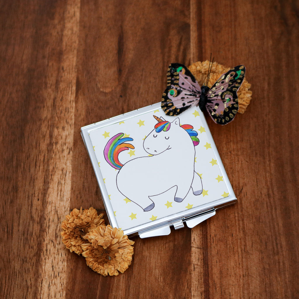 Handtaschenspiegel quadratisch Einhorn stolzierend Spiegel, Handtasche, Quadrat, silber, schminken, Schminkspiegel, Einhorn, Einhörner, Einhorn Deko, Pegasus, Unicorn, stolz, anders, bunt, Pferd, Reiter, Reiten, Freundin, Geschenk
