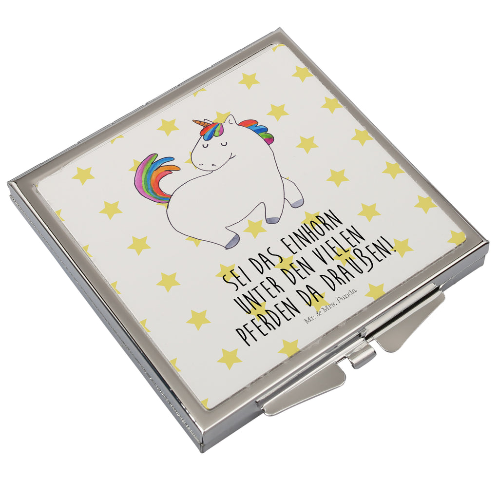Handtaschenspiegel quadratisch Einhorn stolzierend Spiegel, Handtasche, Quadrat, silber, schminken, Schminkspiegel, Einhorn, Einhörner, Einhorn Deko, Pegasus, Unicorn, stolz, anders, bunt, Pferd, Reiter, Reiten, Freundin, Geschenk