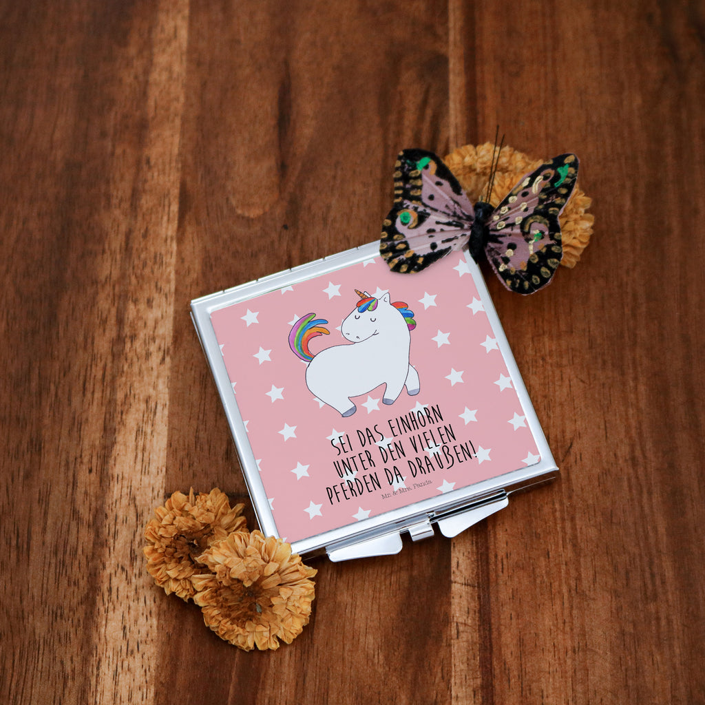 Handtaschenspiegel quadratisch Einhorn stolzierend Spiegel, Handtasche, Quadrat, silber, schminken, Schminkspiegel, Einhorn, Einhörner, Einhorn Deko, Pegasus, Unicorn, stolz, anders, bunt, Pferd, Reiter, Reiten, Freundin, Geschenk