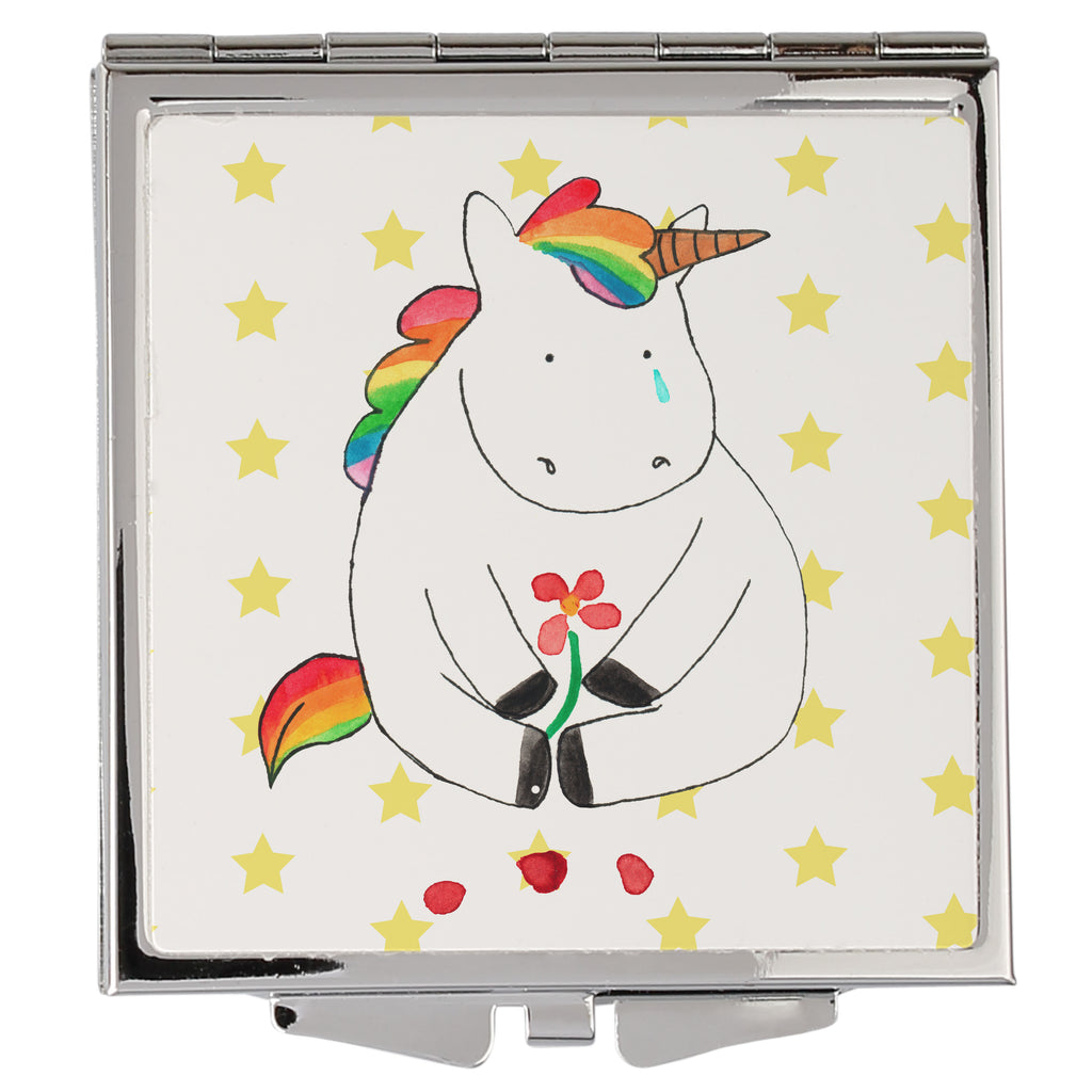 Handtaschenspiegel quadratisch Einhorn Traurig Spiegel, Handtasche, Quadrat, silber, schminken, Schminkspiegel, Einhorn, Einhörner, Einhorn Deko, Pegasus, Unicorn, Glitzer, Trösten. Freundschaft, Freunde, Liebe, Trauer, Grußkarte, Blume