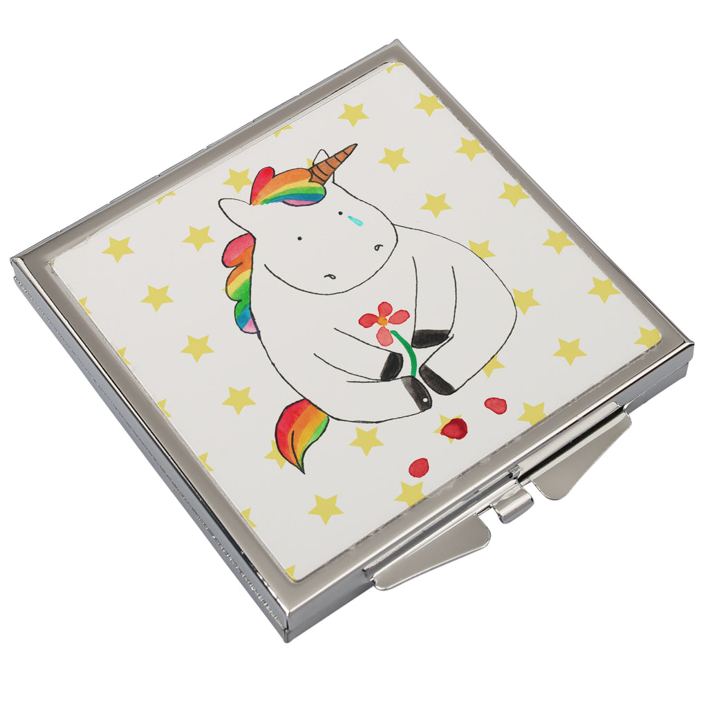 Handtaschenspiegel quadratisch Einhorn Traurig Spiegel, Handtasche, Quadrat, silber, schminken, Schminkspiegel, Einhorn, Einhörner, Einhorn Deko, Pegasus, Unicorn, Glitzer, Trösten. Freundschaft, Freunde, Liebe, Trauer, Grußkarte, Blume