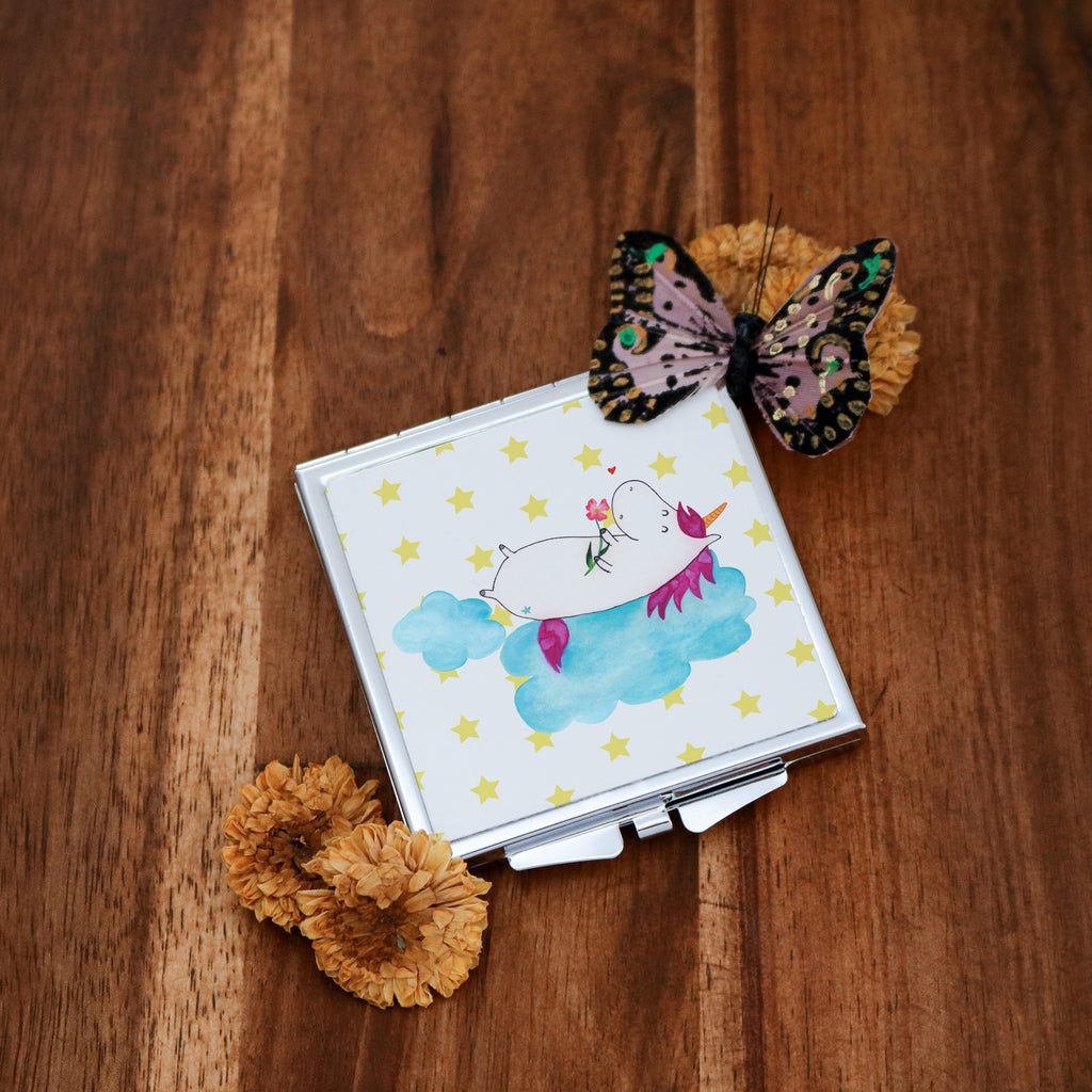 Handtaschenspiegel quadratisch Einhorn verliebt auf Wolke Spiegel, Handtasche, Quadrat, silber, schminken, Schminkspiegel, Einhorn, Einhörner, Einhorn Deko, Pegasus, Unicorn, verliebt, Liebe, Liebesbeweis, Freundin, Wolke