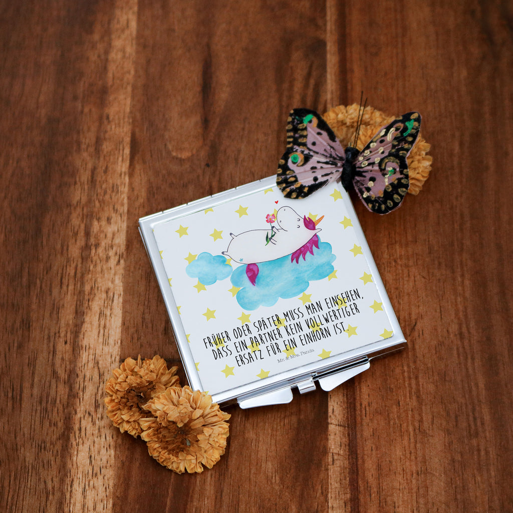 Handtaschenspiegel quadratisch Einhorn verliebt auf Wolke Spiegel, Handtasche, Quadrat, silber, schminken, Schminkspiegel, Einhorn, Einhörner, Einhorn Deko, Pegasus, Unicorn, verliebt, Liebe, Liebesbeweis, Freundin, Wolke