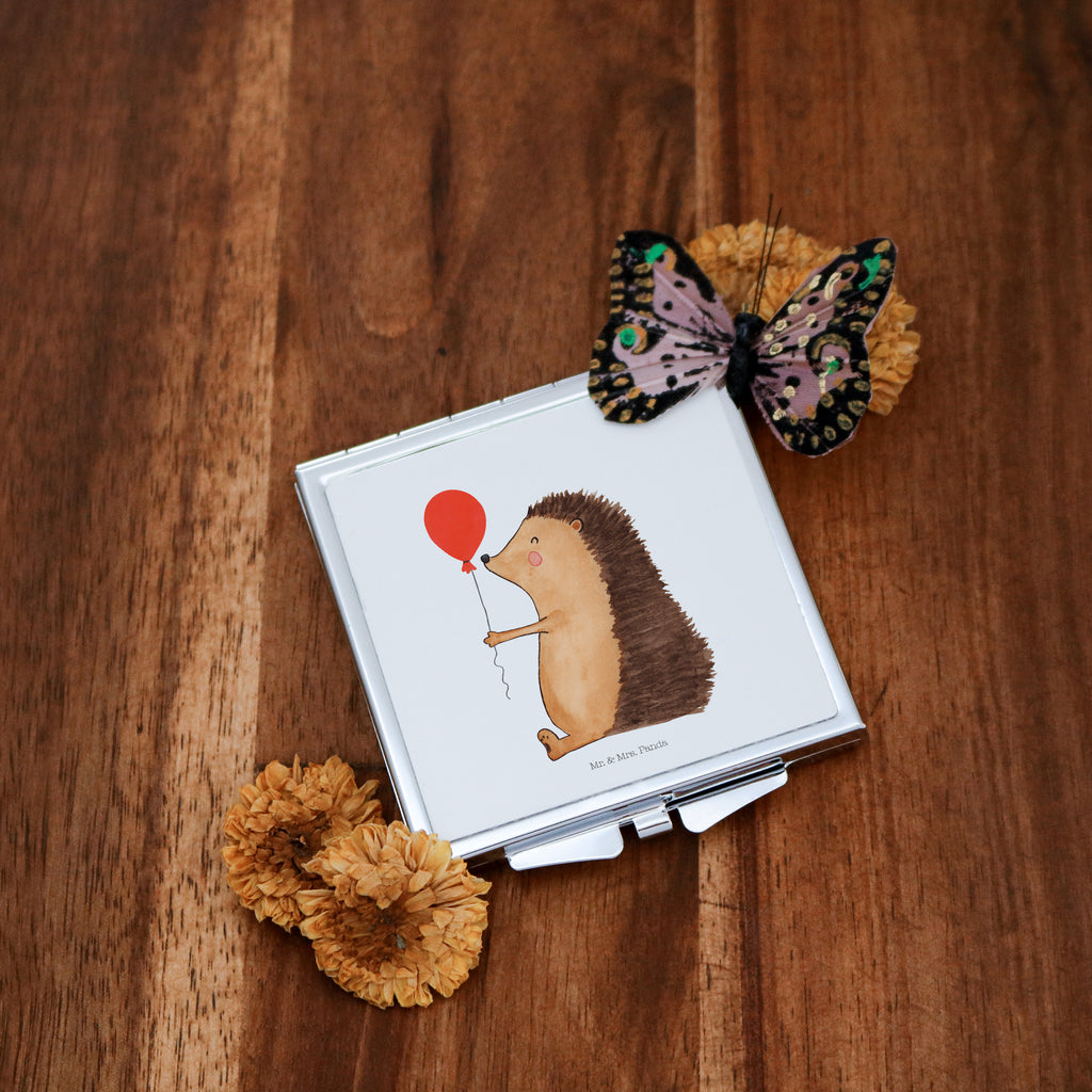 Handtaschenspiegel quadratisch Igel mit Luftballon Spiegel, Handtasche, Quadrat, silber, schminken, Schminkspiegel, Tiermotive, Gute Laune, lustige Sprüche, Tiere, Igel, Geburtstag, Herzlichen Glückwunsch, Glückwunsch, Geburtstagskind, Ballon, Happy Birthday