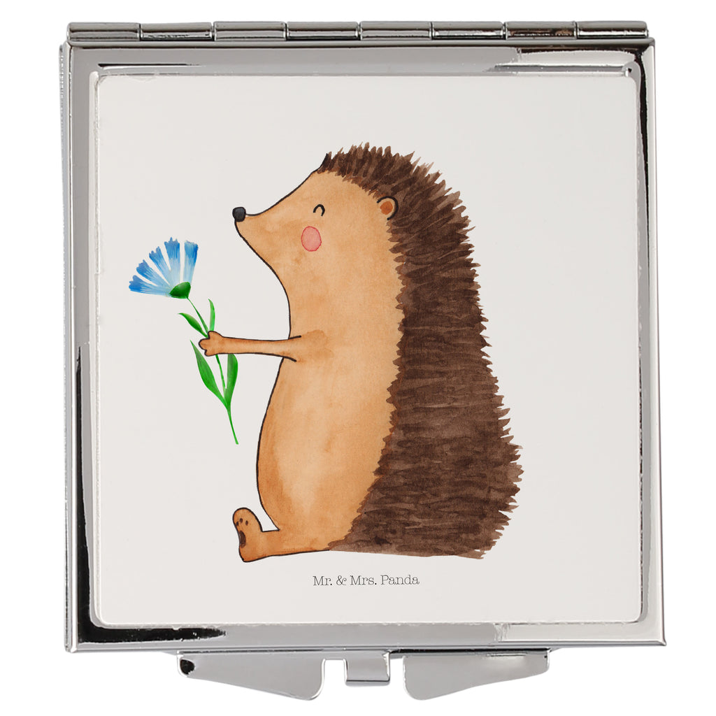 Handtaschenspiegel quadratisch Igel mit Blume Spiegel, Handtasche, Quadrat, silber, schminken, Schminkspiegel, Tiermotive, Gute Laune, lustige Sprüche, Tiere, Igel, Gute Besserung, Genesungswünsche, Krankheit, Krankenhaus, krank, Besuch
