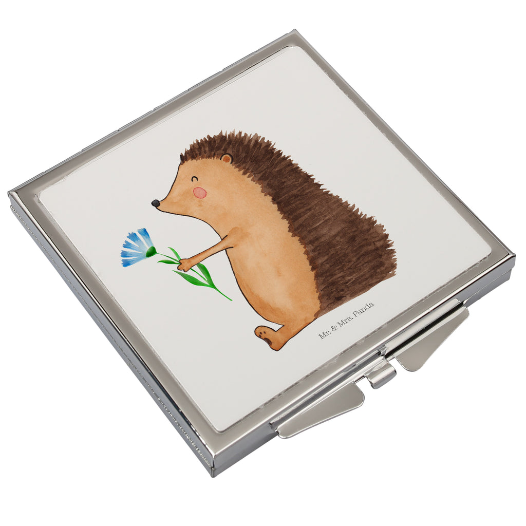 Handtaschenspiegel quadratisch Igel mit Blume Spiegel, Handtasche, Quadrat, silber, schminken, Schminkspiegel, Tiermotive, Gute Laune, lustige Sprüche, Tiere, Igel, Gute Besserung, Genesungswünsche, Krankheit, Krankenhaus, krank, Besuch