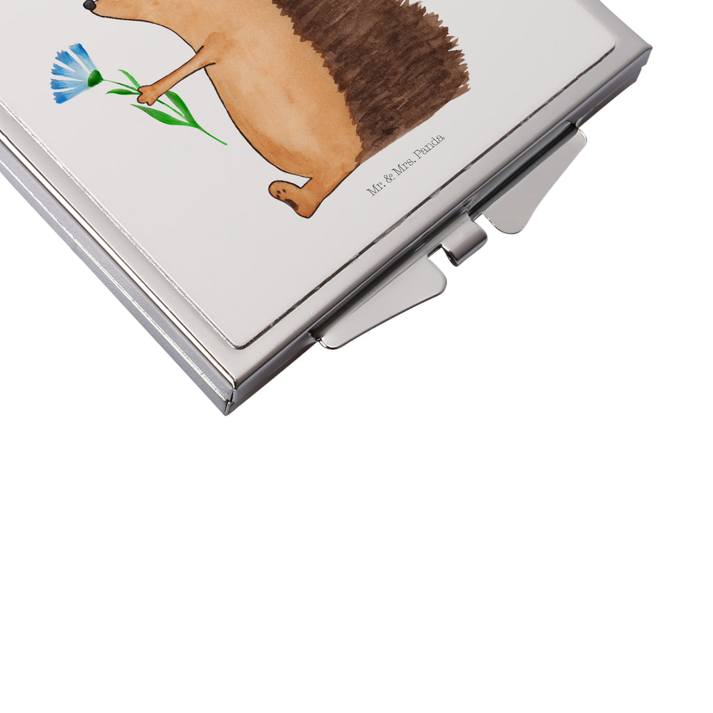 Handtaschenspiegel quadratisch Igel mit Blume Spiegel, Handtasche, Quadrat, silber, schminken, Schminkspiegel, Tiermotive, Gute Laune, lustige Sprüche, Tiere, Igel, Gute Besserung, Genesungswünsche, Krankheit, Krankenhaus, krank, Besuch