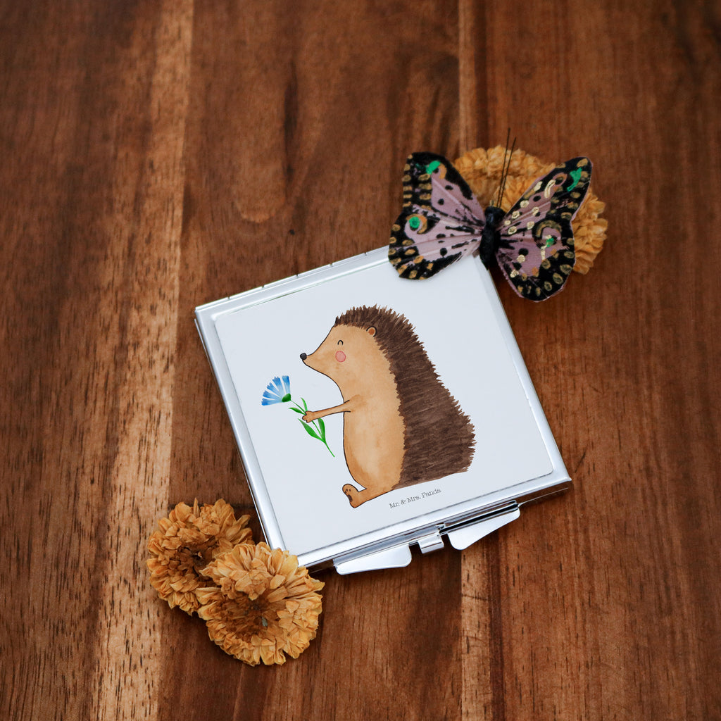 Handtaschenspiegel quadratisch Igel mit Blume Spiegel, Handtasche, Quadrat, silber, schminken, Schminkspiegel, Tiermotive, Gute Laune, lustige Sprüche, Tiere, Igel, Gute Besserung, Genesungswünsche, Krankheit, Krankenhaus, krank, Besuch