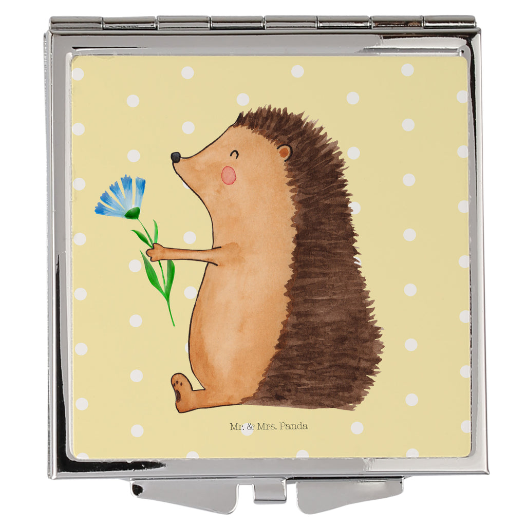 Handtaschenspiegel quadratisch Igel mit Blume Spiegel, Handtasche, Quadrat, silber, schminken, Schminkspiegel, Tiermotive, Gute Laune, lustige Sprüche, Tiere, Igel, Gute Besserung, Genesungswünsche, Krankheit, Krankenhaus, krank, Besuch