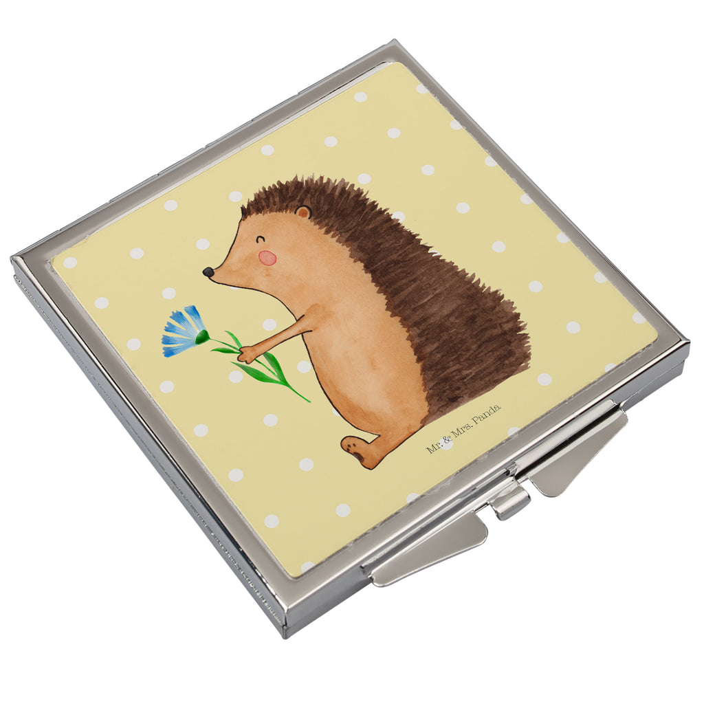 Handtaschenspiegel quadratisch Igel mit Blume Spiegel, Handtasche, Quadrat, silber, schminken, Schminkspiegel, Tiermotive, Gute Laune, lustige Sprüche, Tiere, Igel, Gute Besserung, Genesungswünsche, Krankheit, Krankenhaus, krank, Besuch