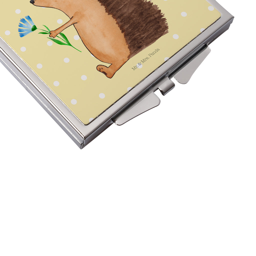 Handtaschenspiegel quadratisch Igel mit Blume Spiegel, Handtasche, Quadrat, silber, schminken, Schminkspiegel, Tiermotive, Gute Laune, lustige Sprüche, Tiere, Igel, Gute Besserung, Genesungswünsche, Krankheit, Krankenhaus, krank, Besuch