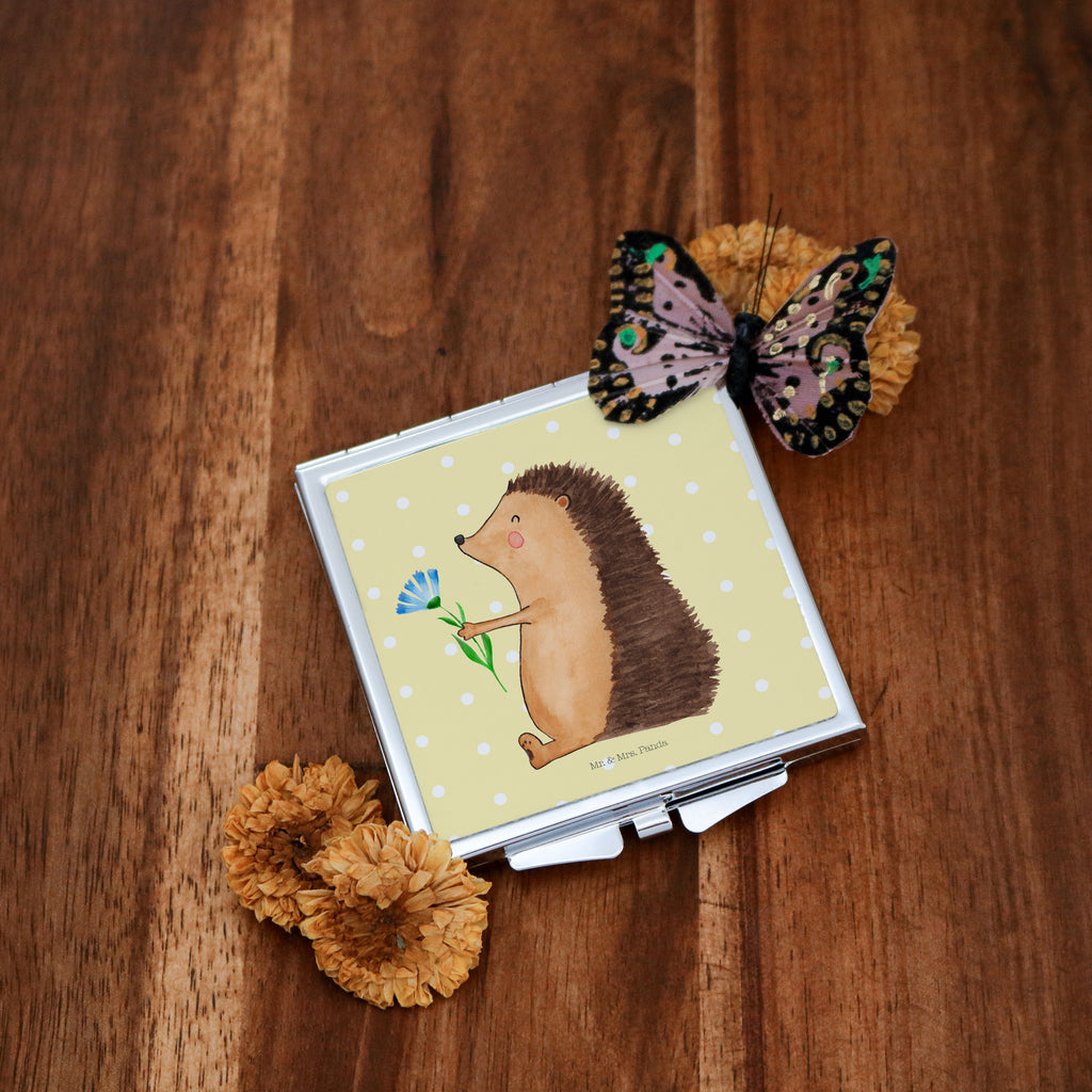 Handtaschenspiegel quadratisch Igel mit Blume Spiegel, Handtasche, Quadrat, silber, schminken, Schminkspiegel, Tiermotive, Gute Laune, lustige Sprüche, Tiere, Igel, Gute Besserung, Genesungswünsche, Krankheit, Krankenhaus, krank, Besuch