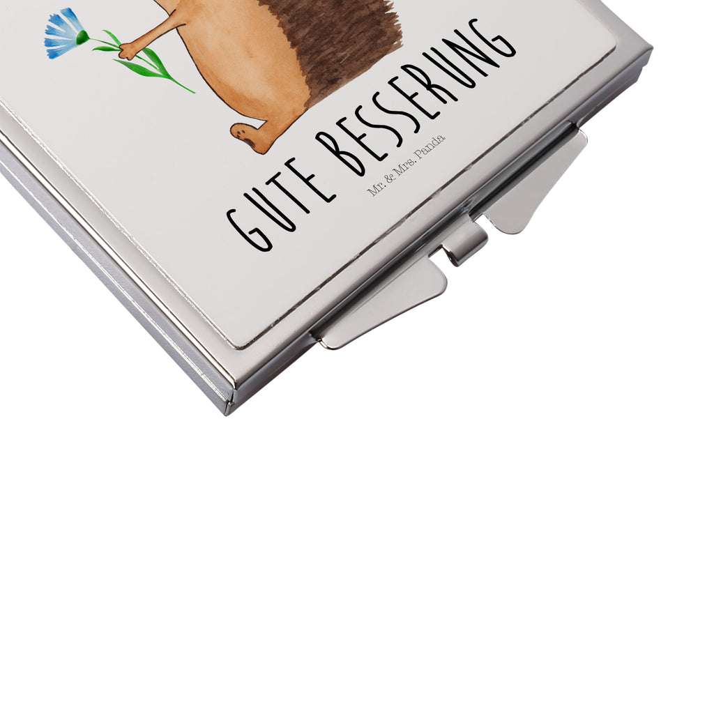 Handtaschenspiegel quadratisch Igel mit Blume Spiegel, Handtasche, Quadrat, silber, schminken, Schminkspiegel, Tiermotive, Gute Laune, lustige Sprüche, Tiere, Igel, Gute Besserung, Genesungswünsche, Krankheit, Krankenhaus, krank, Besuch