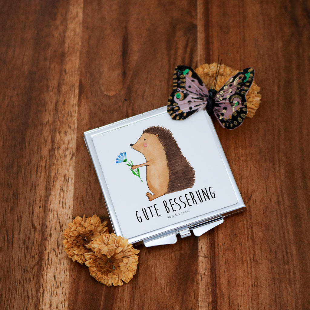 Handtaschenspiegel quadratisch Igel mit Blume Spiegel, Handtasche, Quadrat, silber, schminken, Schminkspiegel, Tiermotive, Gute Laune, lustige Sprüche, Tiere, Igel, Gute Besserung, Genesungswünsche, Krankheit, Krankenhaus, krank, Besuch