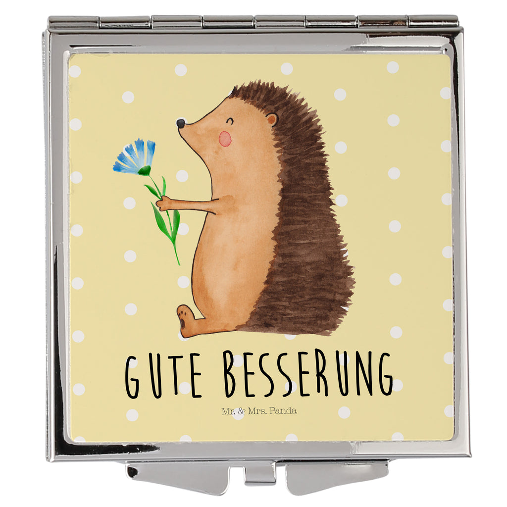Handtaschenspiegel quadratisch Igel mit Blume Spiegel, Handtasche, Quadrat, silber, schminken, Schminkspiegel, Tiermotive, Gute Laune, lustige Sprüche, Tiere, Igel, Gute Besserung, Genesungswünsche, Krankheit, Krankenhaus, krank, Besuch