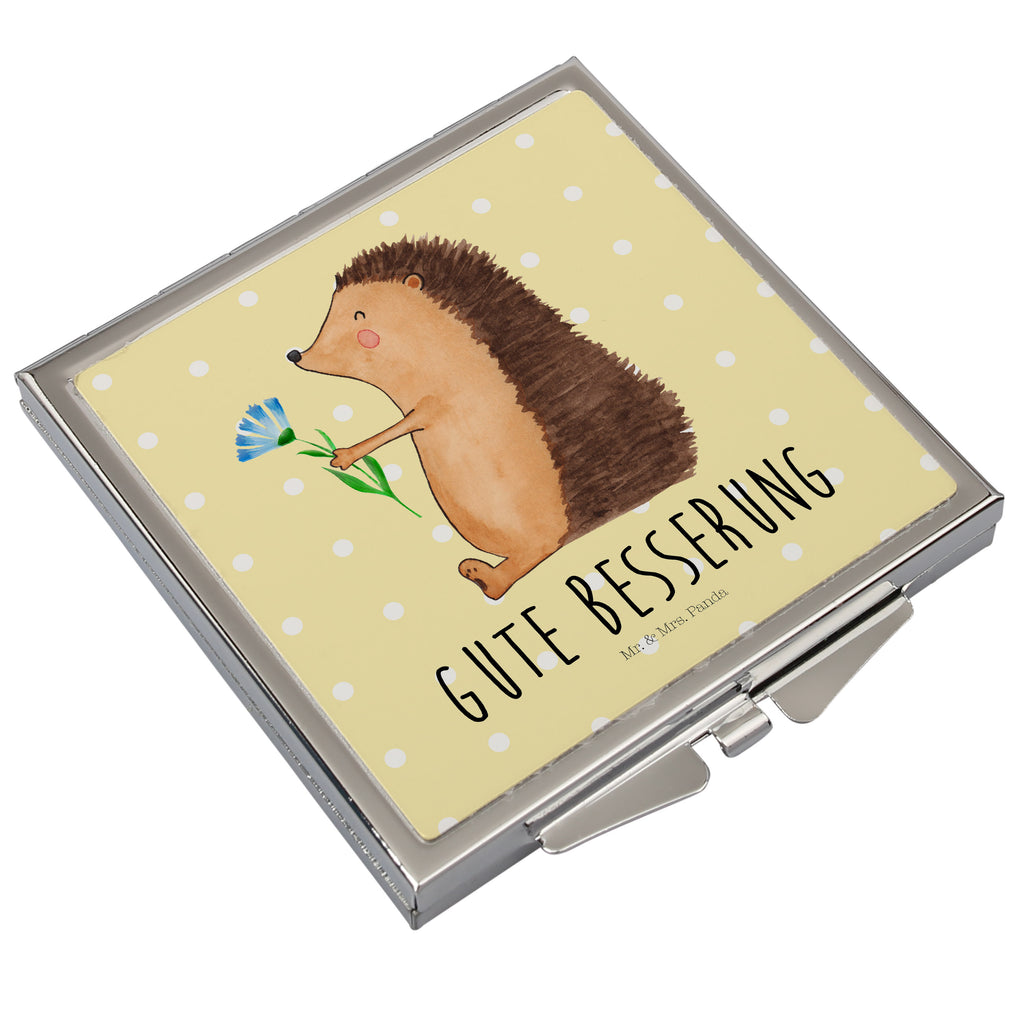 Handtaschenspiegel quadratisch Igel mit Blume Spiegel, Handtasche, Quadrat, silber, schminken, Schminkspiegel, Tiermotive, Gute Laune, lustige Sprüche, Tiere, Igel, Gute Besserung, Genesungswünsche, Krankheit, Krankenhaus, krank, Besuch