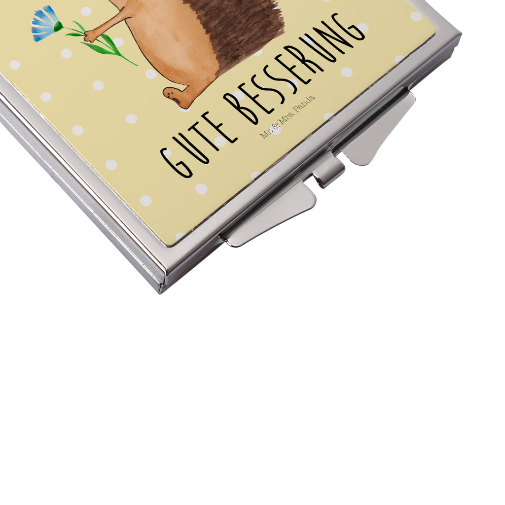 Handtaschenspiegel quadratisch Igel mit Blume Spiegel, Handtasche, Quadrat, silber, schminken, Schminkspiegel, Tiermotive, Gute Laune, lustige Sprüche, Tiere, Igel, Gute Besserung, Genesungswünsche, Krankheit, Krankenhaus, krank, Besuch