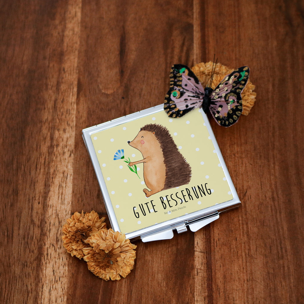 Handtaschenspiegel quadratisch Igel mit Blume Spiegel, Handtasche, Quadrat, silber, schminken, Schminkspiegel, Tiermotive, Gute Laune, lustige Sprüche, Tiere, Igel, Gute Besserung, Genesungswünsche, Krankheit, Krankenhaus, krank, Besuch