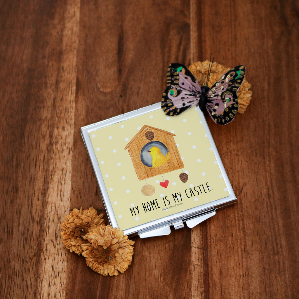 Handtaschenspiegel quadratisch Vogelhaus Spiegel, Handtasche, Quadrat, silber, schminken, Schminkspiegel, Tiermotive, Gute Laune, lustige Sprüche, Tiere, Vogel, Vögel, Vogelhaus, Vogelhäuschen, Home sweet home, Zuhause, Nest, Eigenheim, Familie, Wohnung, Haus, unser Haus, Lieblingsort, Castle