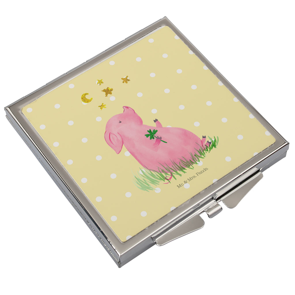 Handtaschenspiegel quadratisch Glücksschwein Spiegel, Handtasche, Quadrat, silber, schminken, Schminkspiegel, Tiermotive, Gute Laune, lustige Sprüche, Tiere, Glücksschwein. Glück, Schwein, Schweinchen, Sterne, Sernchen, Ziele, Träume, Motivation, Glücksbringer
