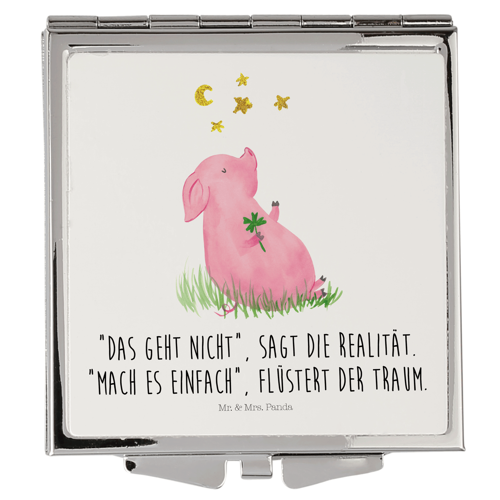 Handtaschenspiegel quadratisch Glücksschwein Spiegel, Handtasche, Quadrat, silber, schminken, Schminkspiegel, Tiermotive, Gute Laune, lustige Sprüche, Tiere, Glücksschwein. Glück, Schwein, Schweinchen, Sterne, Sernchen, Ziele, Träume, Motivation, Glücksbringer