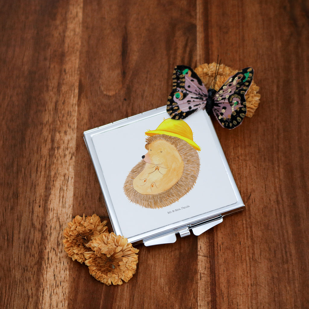 Handtaschenspiegel quadratisch Igel betet Spiegel, Handtasche, Quadrat, silber, schminken, Schminkspiegel, Tiermotive, Gute Laune, lustige Sprüche, Tiere, Igel, Igel mit Hut, Sonnenhut, Gott, Amen, beten, Leben, Dankbarkeit, Dankbar sein, dankbar, genießen