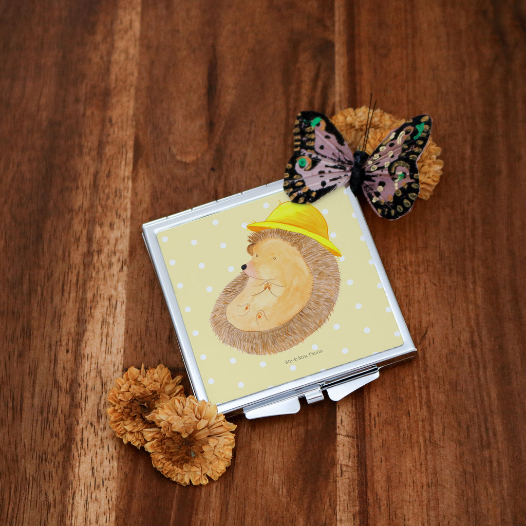 Handtaschenspiegel quadratisch Igel betet Spiegel, Handtasche, Quadrat, silber, schminken, Schminkspiegel, Tiermotive, Gute Laune, lustige Sprüche, Tiere, Igel, Igel mit Hut, Sonnenhut, Gott, Amen, beten, Leben, Dankbarkeit, Dankbar sein, dankbar, genießen