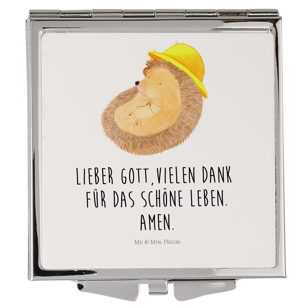 Handtaschenspiegel quadratisch Igel betet Spiegel, Handtasche, Quadrat, silber, schminken, Schminkspiegel, Tiermotive, Gute Laune, lustige Sprüche, Tiere, Igel, Igel mit Hut, Sonnenhut, Gott, Amen, beten, Leben, Dankbarkeit, Dankbar sein, dankbar, genießen