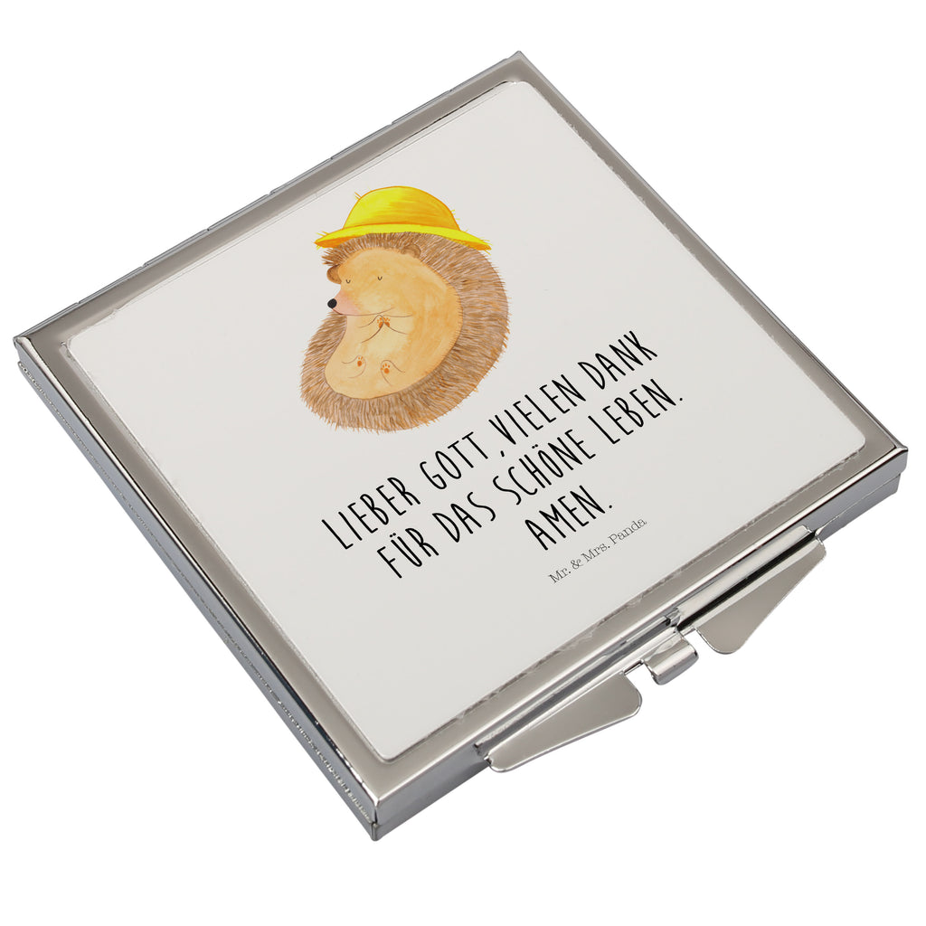 Handtaschenspiegel quadratisch Igel betet Spiegel, Handtasche, Quadrat, silber, schminken, Schminkspiegel, Tiermotive, Gute Laune, lustige Sprüche, Tiere, Igel, Igel mit Hut, Sonnenhut, Gott, Amen, beten, Leben, Dankbarkeit, Dankbar sein, dankbar, genießen