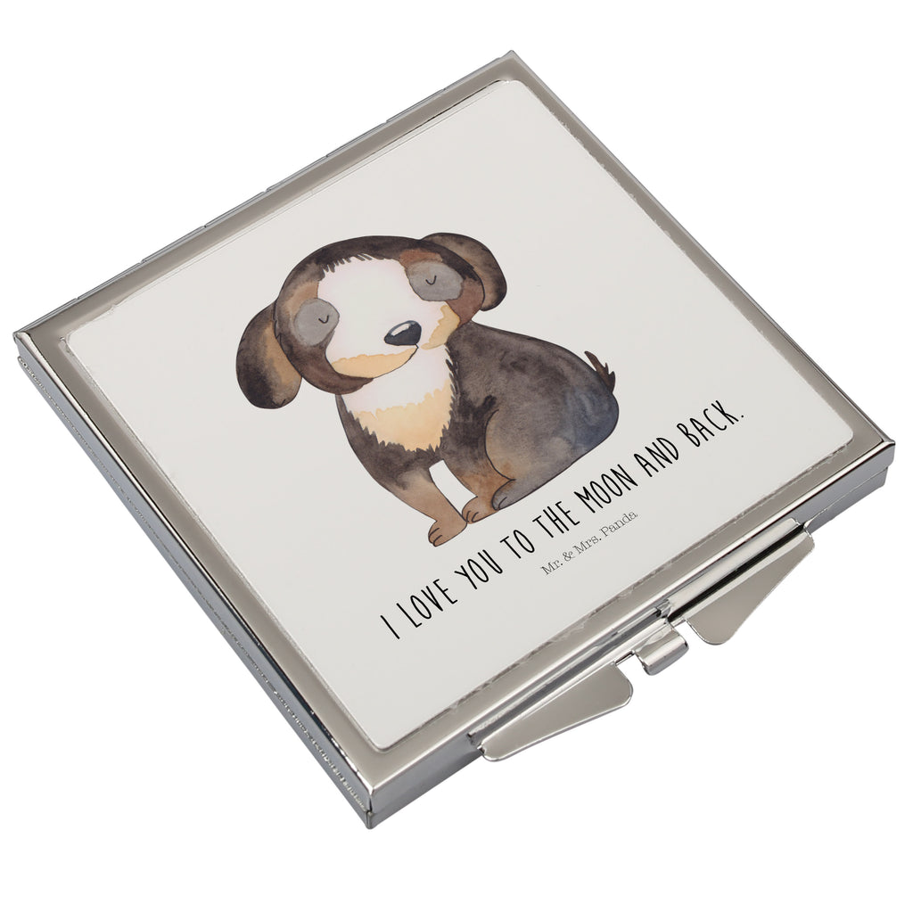 Handtaschenspiegel quadratisch Hund entspannt Spiegel, Handtasche, Quadrat, silber, schminken, Schminkspiegel, Hund, Hundemotiv, Haustier, Hunderasse, Tierliebhaber, Hundebesitzer, Sprüche, schwarzer Hund, Hundeliebe, Liebe, Hundeglück