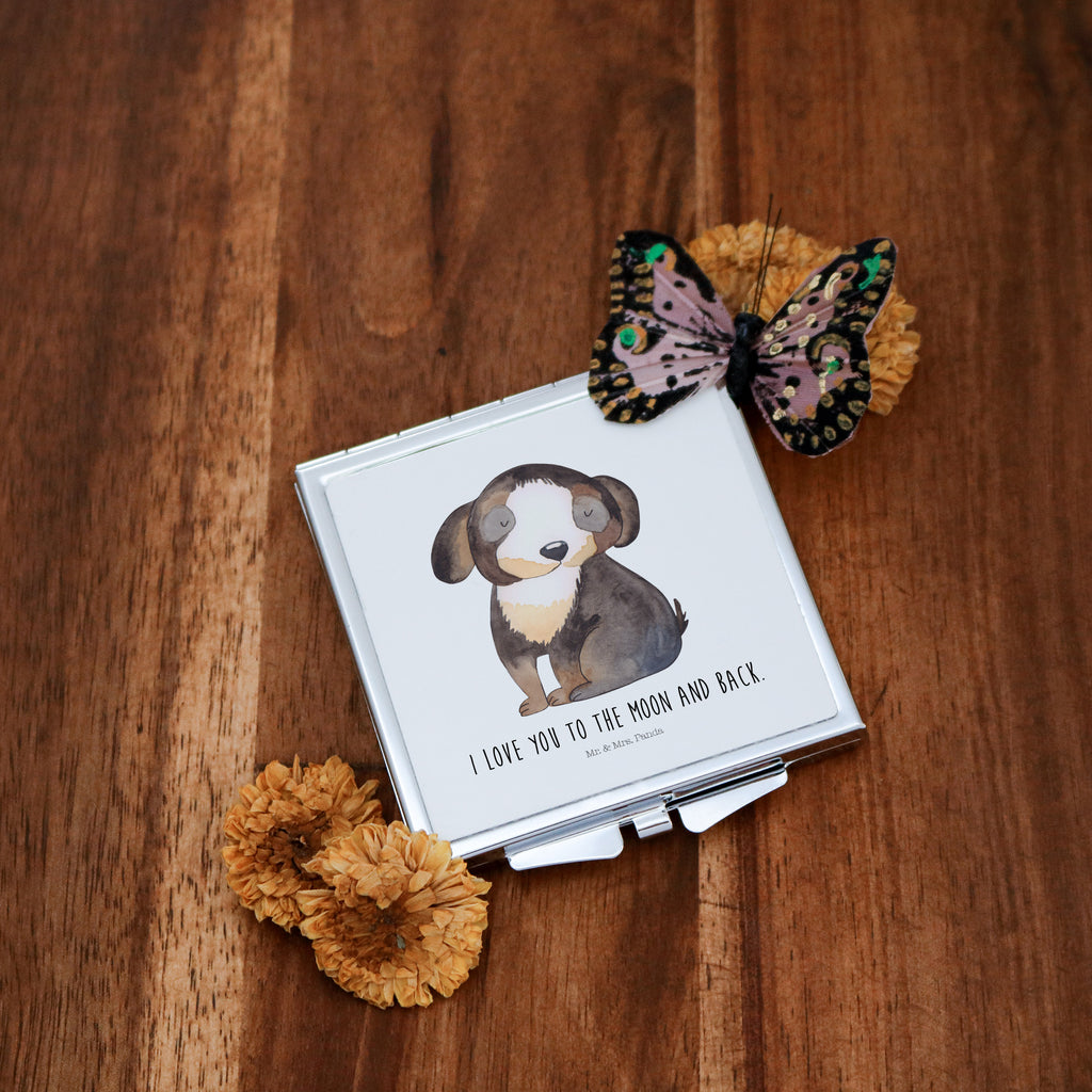 Handtaschenspiegel quadratisch Hund entspannt Spiegel, Handtasche, Quadrat, silber, schminken, Schminkspiegel, Hund, Hundemotiv, Haustier, Hunderasse, Tierliebhaber, Hundebesitzer, Sprüche, schwarzer Hund, Hundeliebe, Liebe, Hundeglück