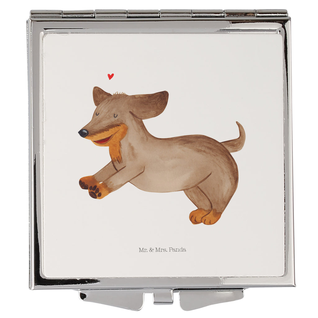 Handtaschenspiegel quadratisch Hund Dackel fröhlich Spiegel, Handtasche, Quadrat, silber, schminken, Schminkspiegel, Hund, Hundemotiv, Haustier, Hunderasse, Tierliebhaber, Hundebesitzer, Sprüche, Hunde, Dackel, Dachshund, happy dog