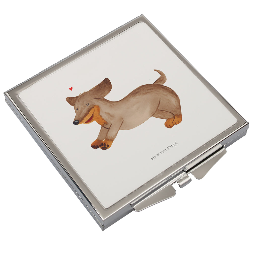 Handtaschenspiegel quadratisch Hund Dackel fröhlich Spiegel, Handtasche, Quadrat, silber, schminken, Schminkspiegel, Hund, Hundemotiv, Haustier, Hunderasse, Tierliebhaber, Hundebesitzer, Sprüche, Hunde, Dackel, Dachshund, happy dog