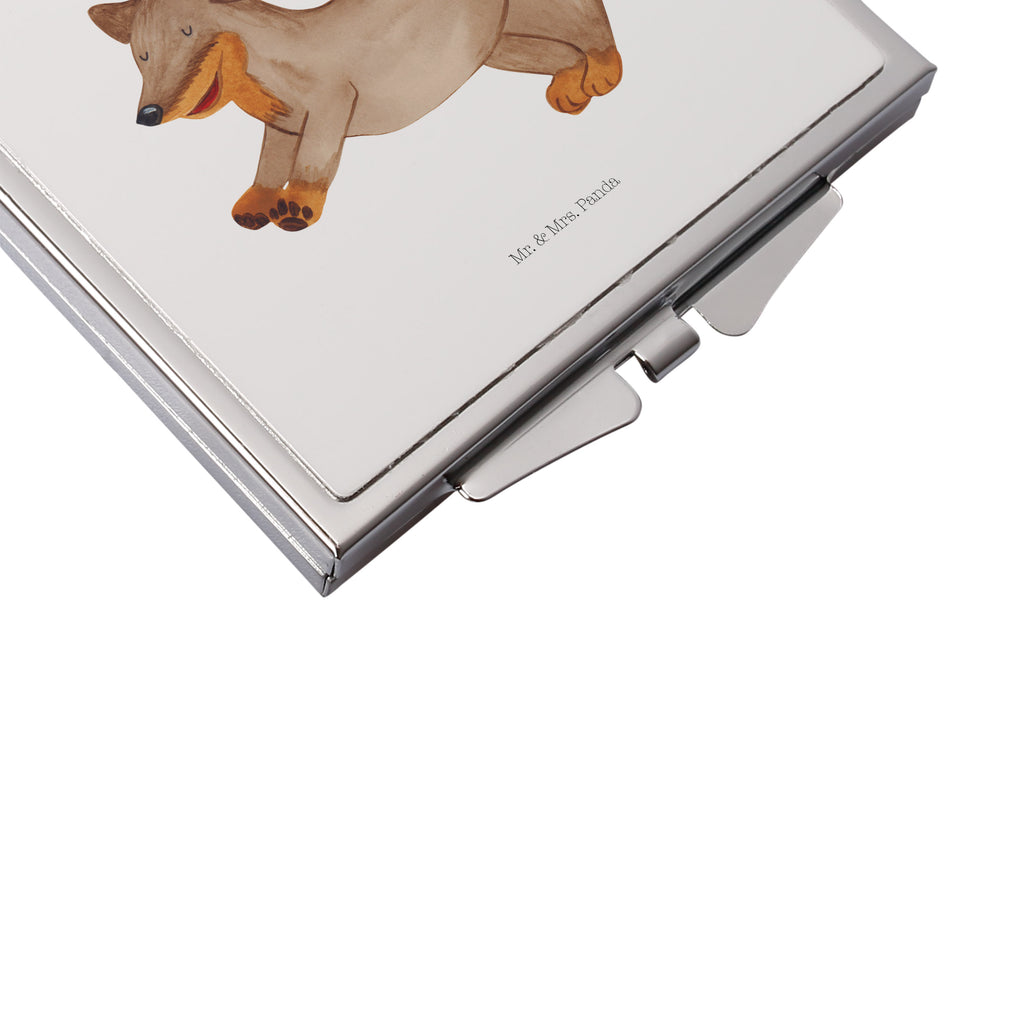Handtaschenspiegel quadratisch Hund Dackel fröhlich Spiegel, Handtasche, Quadrat, silber, schminken, Schminkspiegel, Hund, Hundemotiv, Haustier, Hunderasse, Tierliebhaber, Hundebesitzer, Sprüche, Hunde, Dackel, Dachshund, happy dog