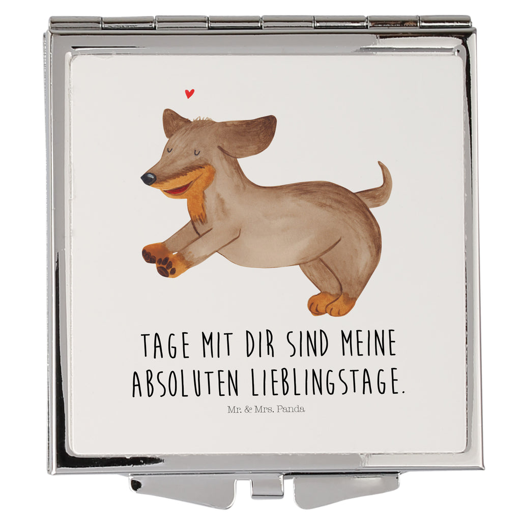 Handtaschenspiegel quadratisch Hund Dackel fröhlich Spiegel, Handtasche, Quadrat, silber, schminken, Schminkspiegel, Hund, Hundemotiv, Haustier, Hunderasse, Tierliebhaber, Hundebesitzer, Sprüche, Hunde, Dackel, Dachshund, happy dog