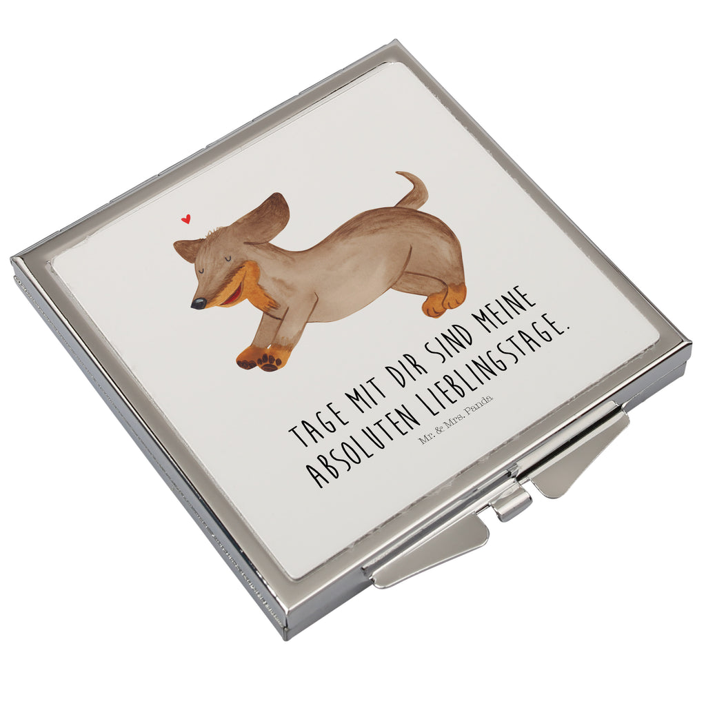 Handtaschenspiegel quadratisch Hund Dackel fröhlich Spiegel, Handtasche, Quadrat, silber, schminken, Schminkspiegel, Hund, Hundemotiv, Haustier, Hunderasse, Tierliebhaber, Hundebesitzer, Sprüche, Hunde, Dackel, Dachshund, happy dog
