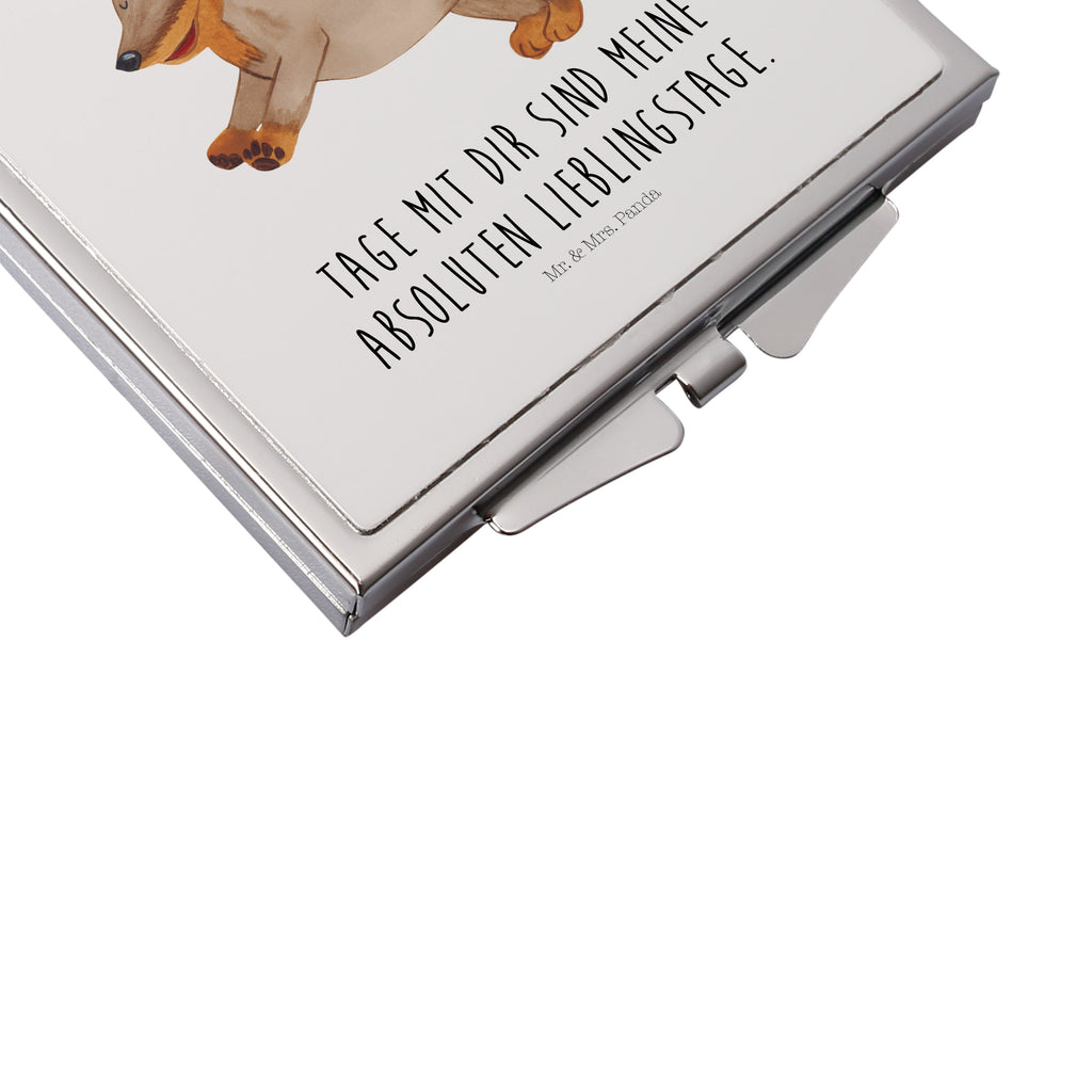 Handtaschenspiegel quadratisch Hund Dackel fröhlich Spiegel, Handtasche, Quadrat, silber, schminken, Schminkspiegel, Hund, Hundemotiv, Haustier, Hunderasse, Tierliebhaber, Hundebesitzer, Sprüche, Hunde, Dackel, Dachshund, happy dog