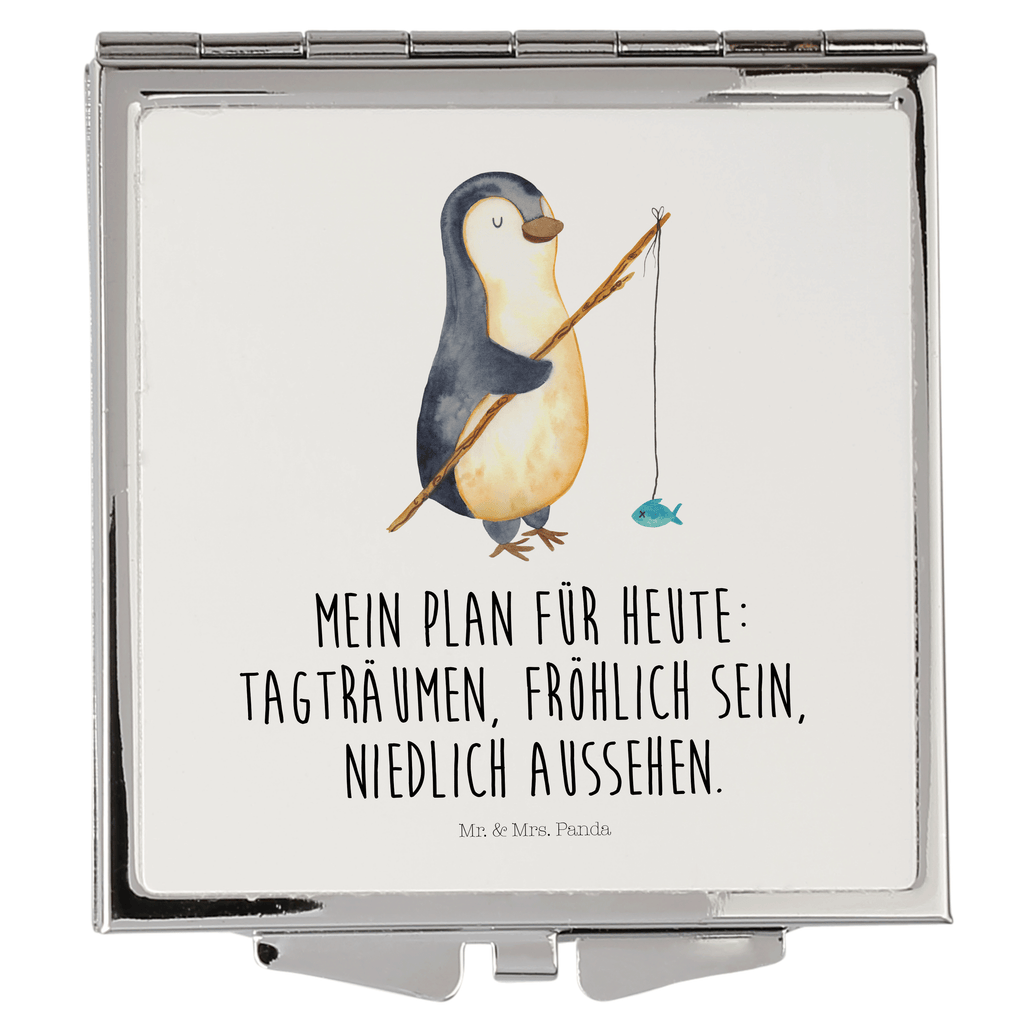 Handtaschenspiegel quadratisch Pinguin Angler Spiegel, Handtasche, Quadrat, silber, schminken, Schminkspiegel, Pinguin, Pinguine, Angeln, Angler, Tagträume, Hobby, Plan, Planer, Tagesplan, Neustart, Motivation, Geschenk, Freundinnen, Geschenkidee, Urlaub, Wochenende