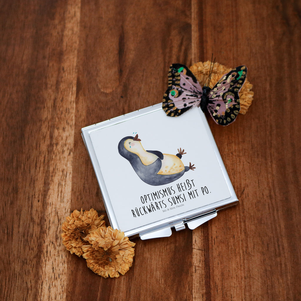 Handtaschenspiegel quadratisch Pinguin lachend Spiegel, Handtasche, Quadrat, silber, schminken, Schminkspiegel, Pinguin, Pinguine, lustiger Spruch, Optimismus, Fröhlich, Lachen, Humor, Fröhlichkeit