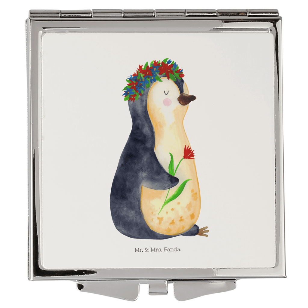 Handtaschenspiegel quadratisch Pinguin Blumenkranz Spiegel, Handtasche, Quadrat, silber, schminken, Schminkspiegel, Pinguin, Pinguine, Blumenkranz, Universum, Leben, Wünsche, Ziele, Lebensziele, Motivation, Lebenslust, Liebeskummer, Geschenkidee