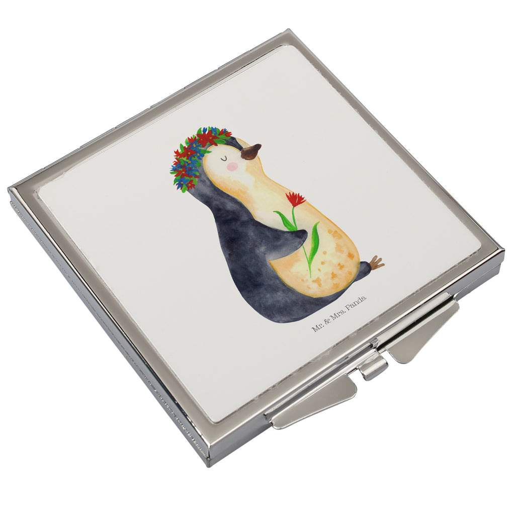 Handtaschenspiegel quadratisch Pinguin Blumenkranz Spiegel, Handtasche, Quadrat, silber, schminken, Schminkspiegel, Pinguin, Pinguine, Blumenkranz, Universum, Leben, Wünsche, Ziele, Lebensziele, Motivation, Lebenslust, Liebeskummer, Geschenkidee