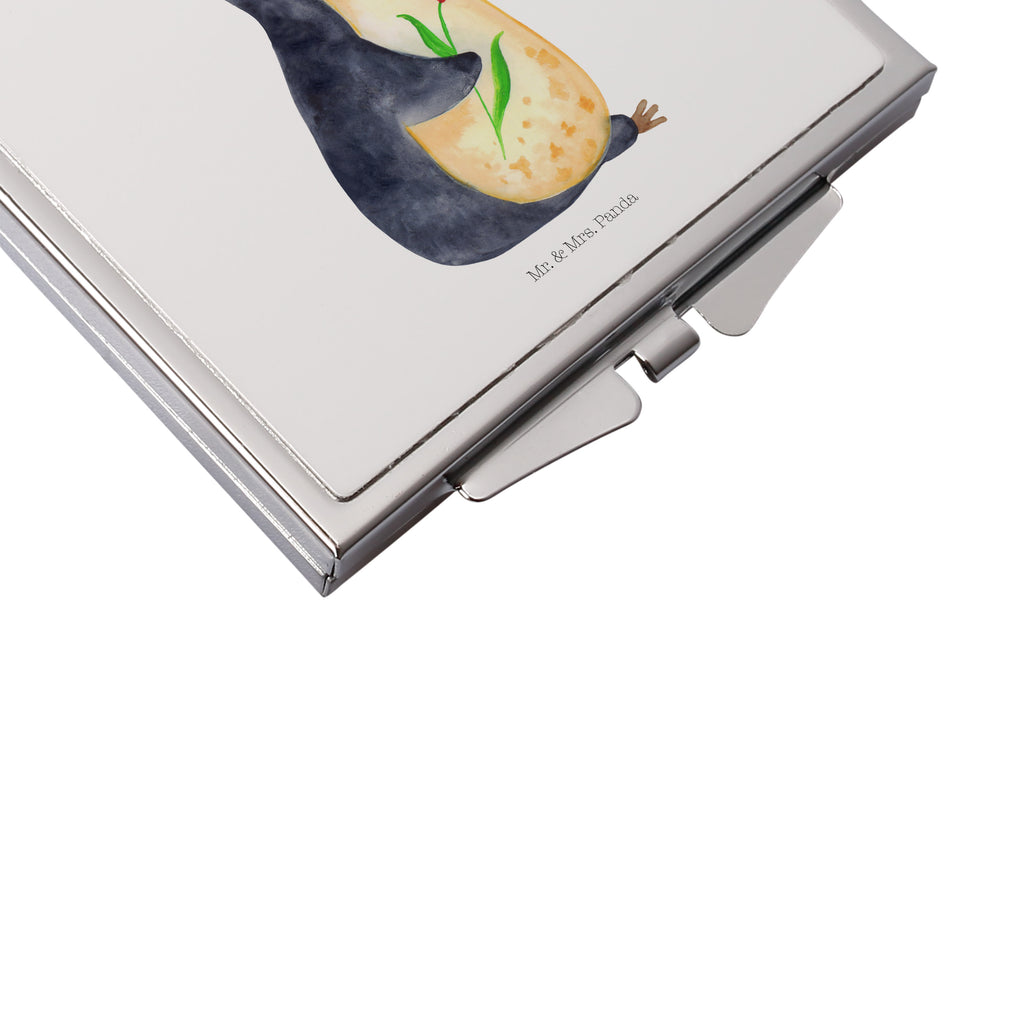 Handtaschenspiegel quadratisch Pinguin Blumenkranz Spiegel, Handtasche, Quadrat, silber, schminken, Schminkspiegel, Pinguin, Pinguine, Blumenkranz, Universum, Leben, Wünsche, Ziele, Lebensziele, Motivation, Lebenslust, Liebeskummer, Geschenkidee