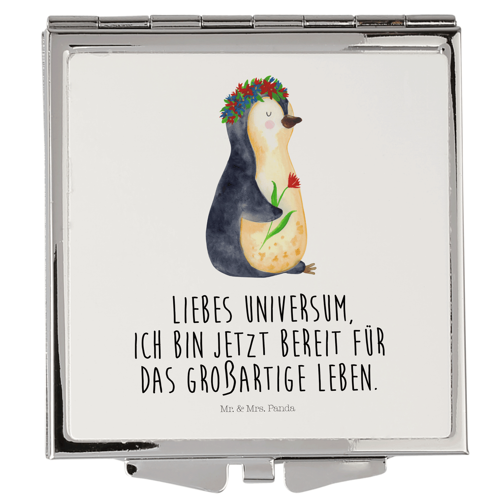 Handtaschenspiegel quadratisch Pinguin Blumenkranz Spiegel, Handtasche, Quadrat, silber, schminken, Schminkspiegel, Pinguin, Pinguine, Blumenkranz, Universum, Leben, Wünsche, Ziele, Lebensziele, Motivation, Lebenslust, Liebeskummer, Geschenkidee