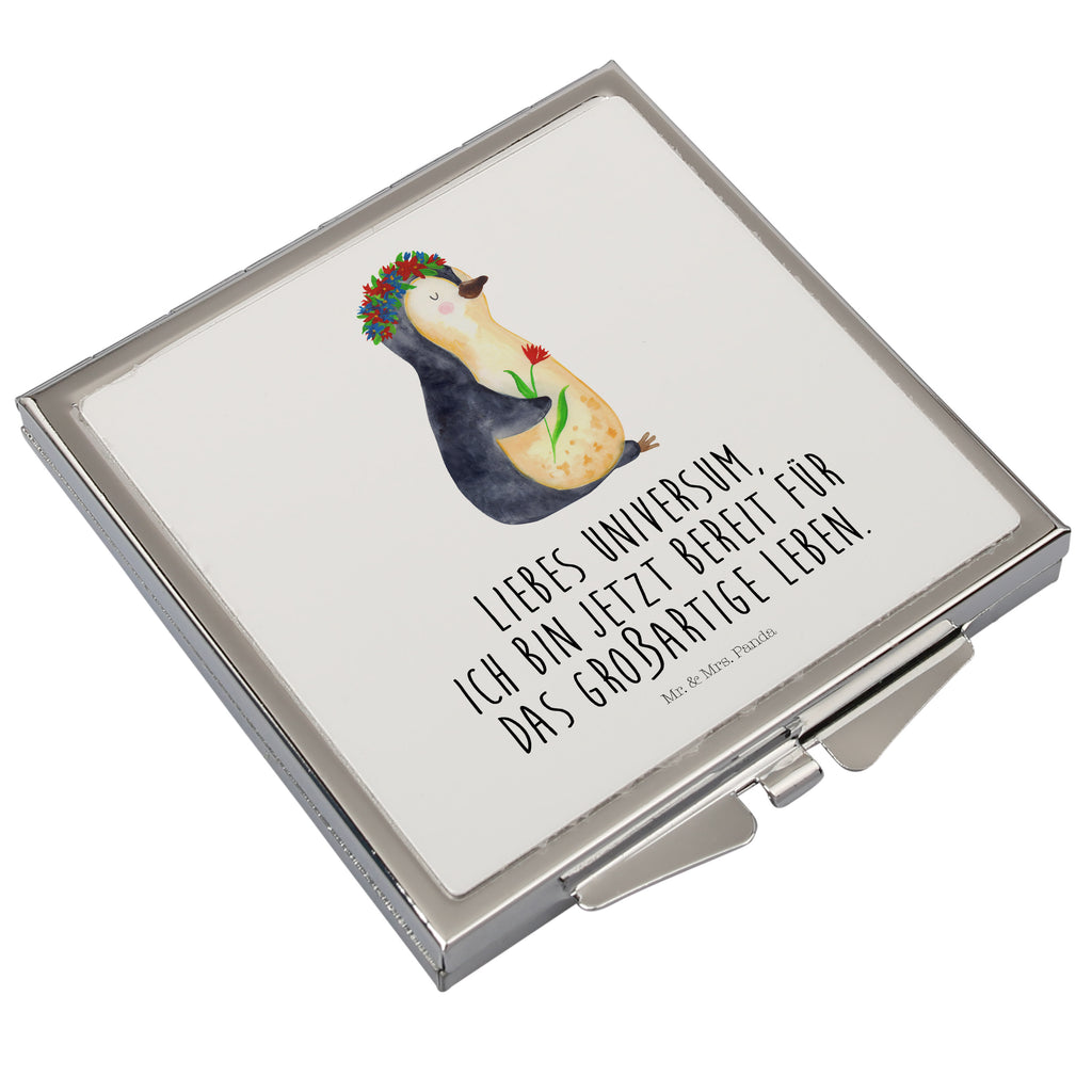 Handtaschenspiegel quadratisch Pinguin Blumenkranz Spiegel, Handtasche, Quadrat, silber, schminken, Schminkspiegel, Pinguin, Pinguine, Blumenkranz, Universum, Leben, Wünsche, Ziele, Lebensziele, Motivation, Lebenslust, Liebeskummer, Geschenkidee