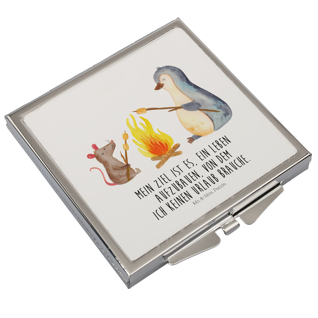 Handtaschenspiegel quadratisch Pinguin Lagerfeuer Spiegel, Handtasche, Quadrat, silber, schminken, Schminkspiegel, Pinguin, Maus, Pinguine, Lagerfeuer, Leben, Arbeit, Job, Motivation, Büro, Büroalltag, Lebensspruch, Lebensmotivation, Neustart, Liebe, grillen, Feuer, Marshmallows